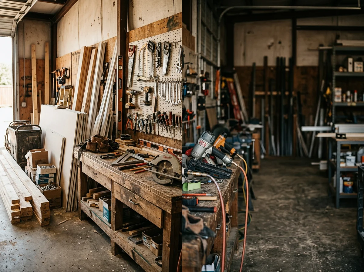 A well-organized workshop with hand tools, power tools, and materials arranged for residential construction and home improvement projects.