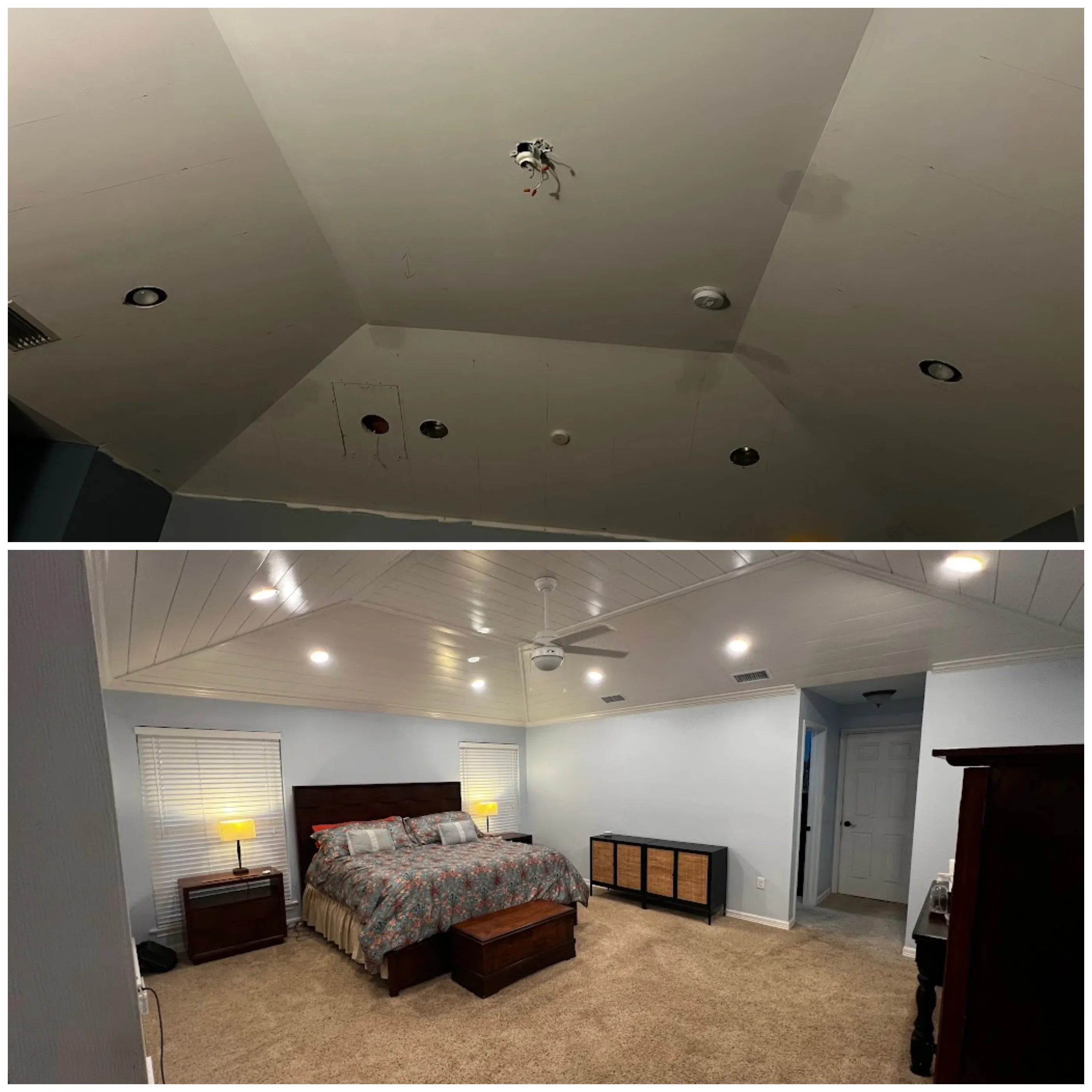 White shiplap ceiling with recessed lights and ceiling fan installation in bedroom