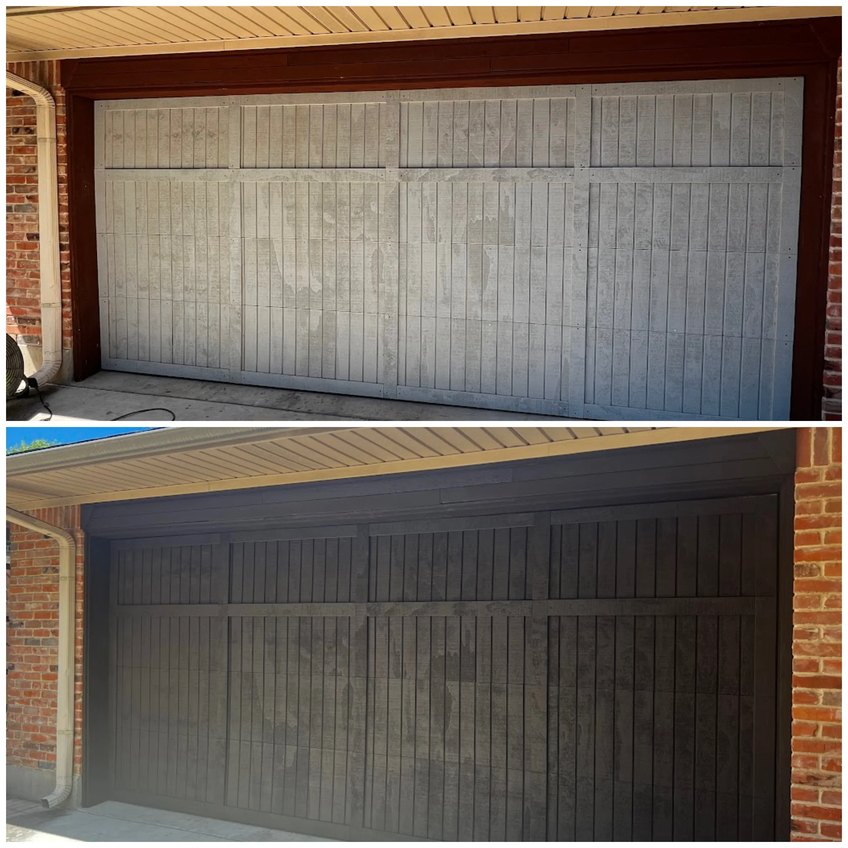 Before and after garage door replacement with vertical ribbed steel panels in charcoal gray