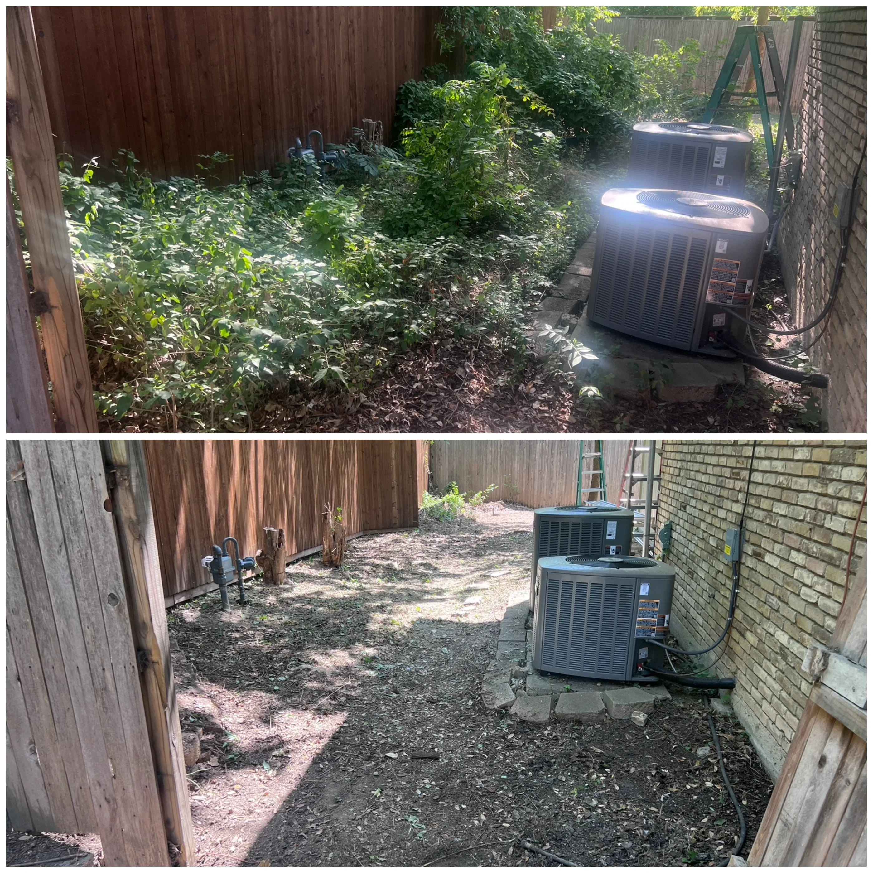 Before and after vegetation removal in side yard with HVAC units installed on gravel base