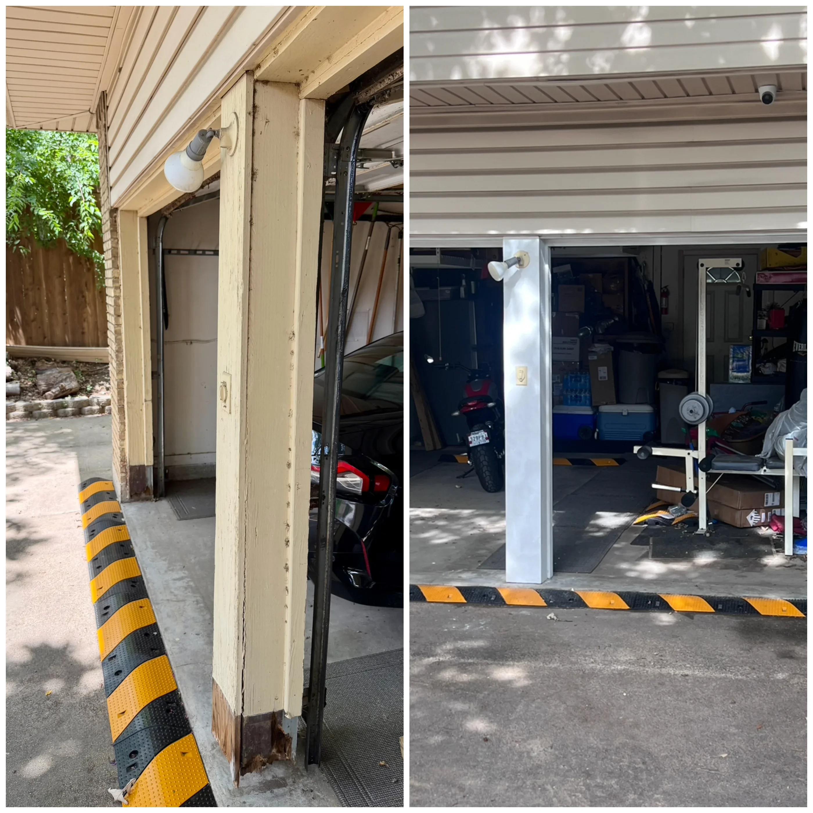 White painted wood garage door trim and jamb installation with new hardware and weather sealing