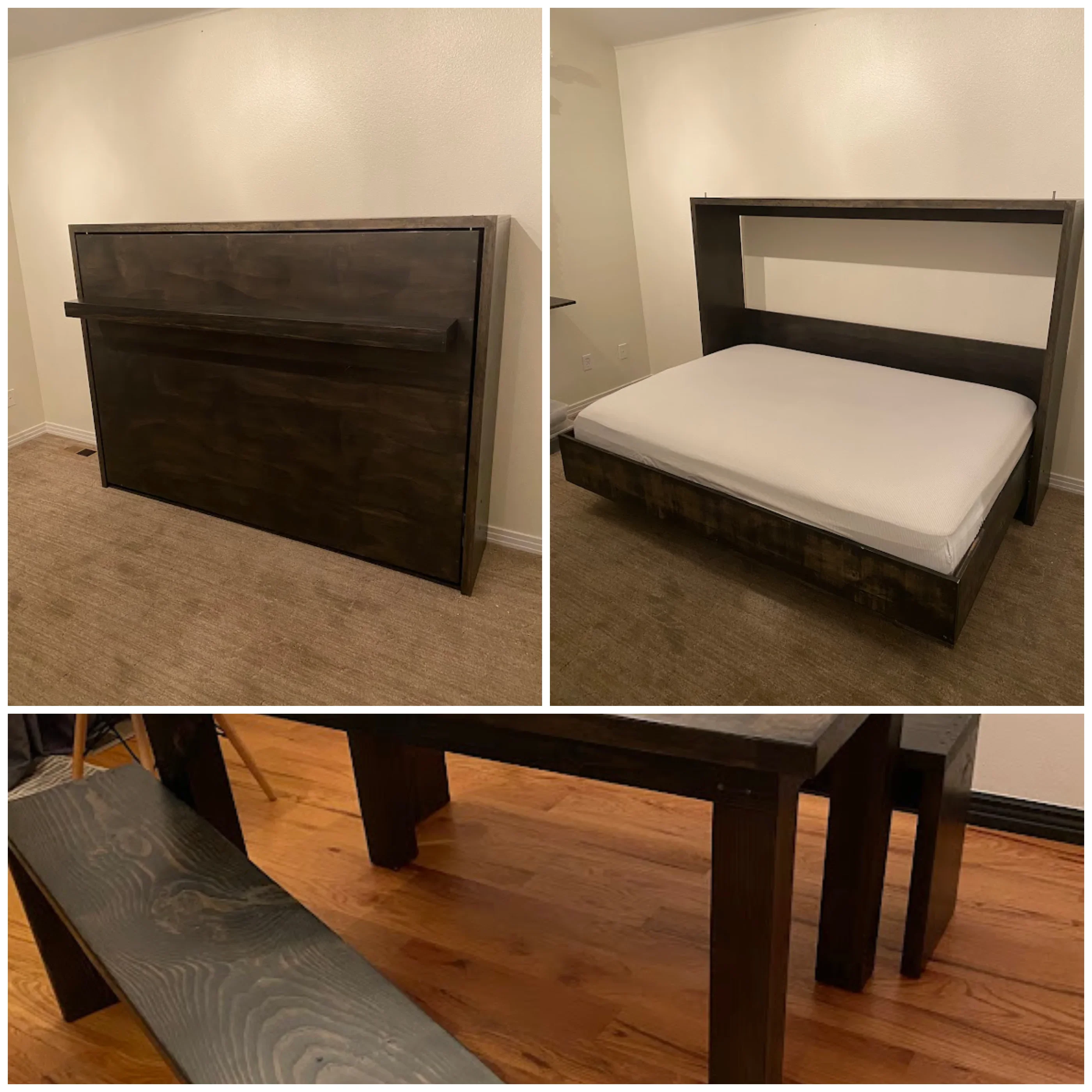 Dark wood bed frame with white mattress, matching nightstands, and wooden bench with grain finish