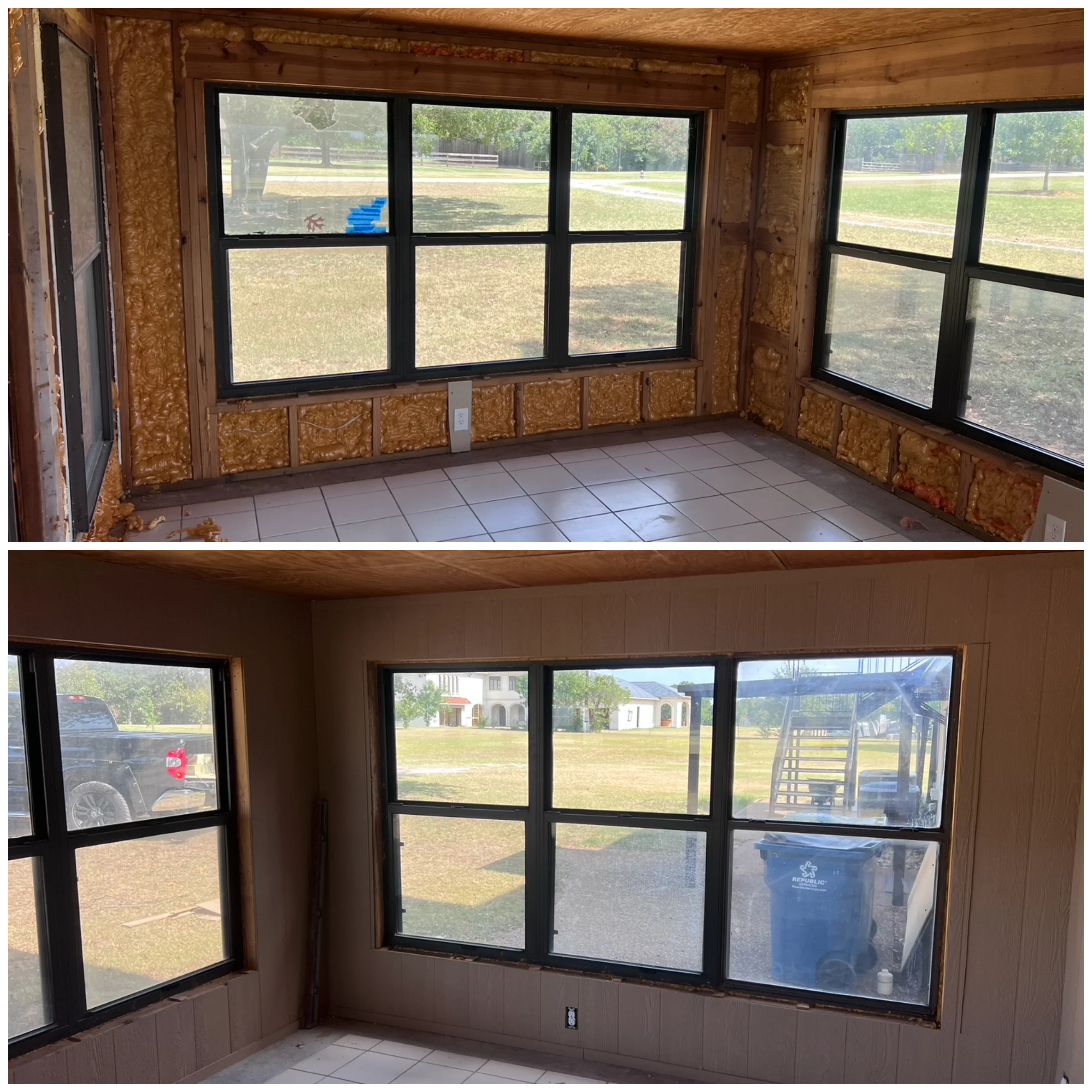 Sunroom with black-framed windows, drywall walls, and ceramic tile flooring before and after renovation