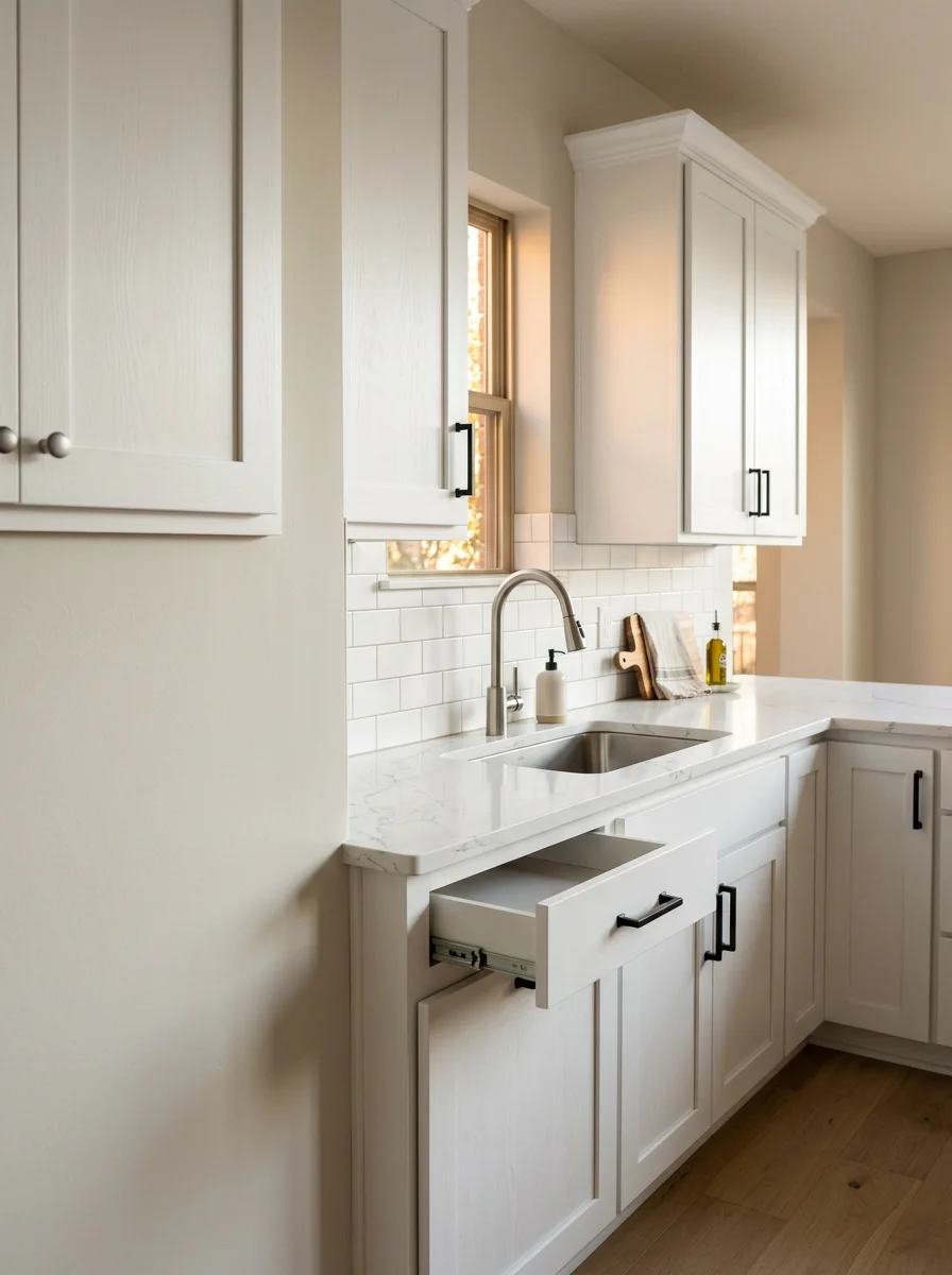 Custom kitchen cabinetry in an Allen home with white shaker-style doors, soft-close drawers, and a quartz countertop installed against a subway tile backsplash.