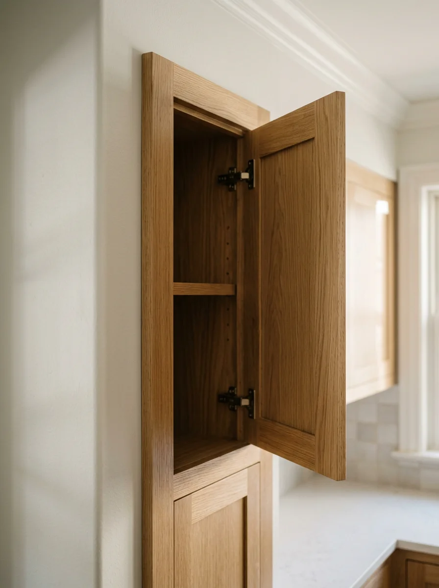 Close-up of a custom wood cabinet installation in a Dallas home kitchen, showing tight joinery and a natural wood finish against painted walls.