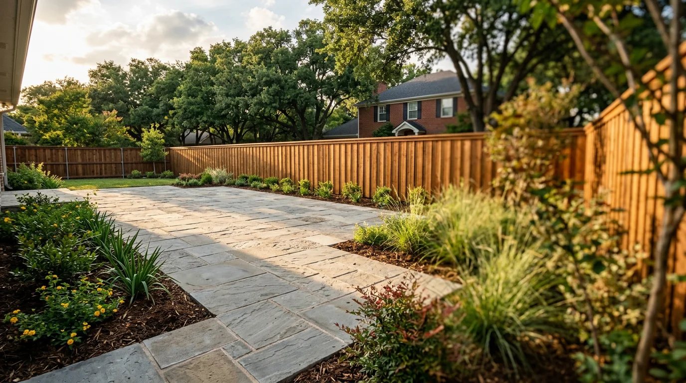 A freshly installed stone patio with clean mortar joints in a Northeast Dallas backyard, surrounded by newly planted native shrubs and a repaired wooden fence line.