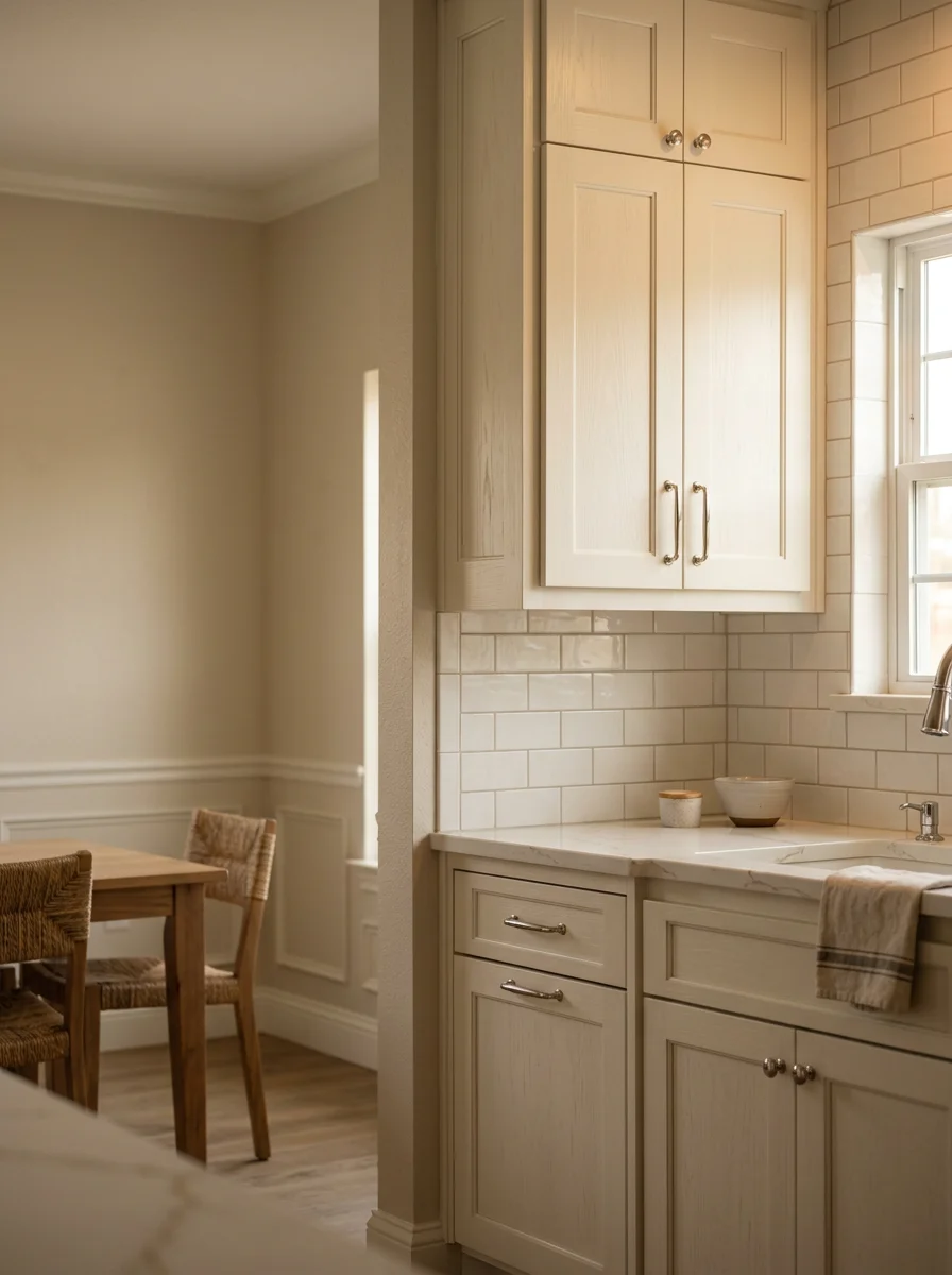 A custom kitchen cabinet installation in an Irving home with shaker-style doors, a painted finish, and new hardware against a tiled backsplash.