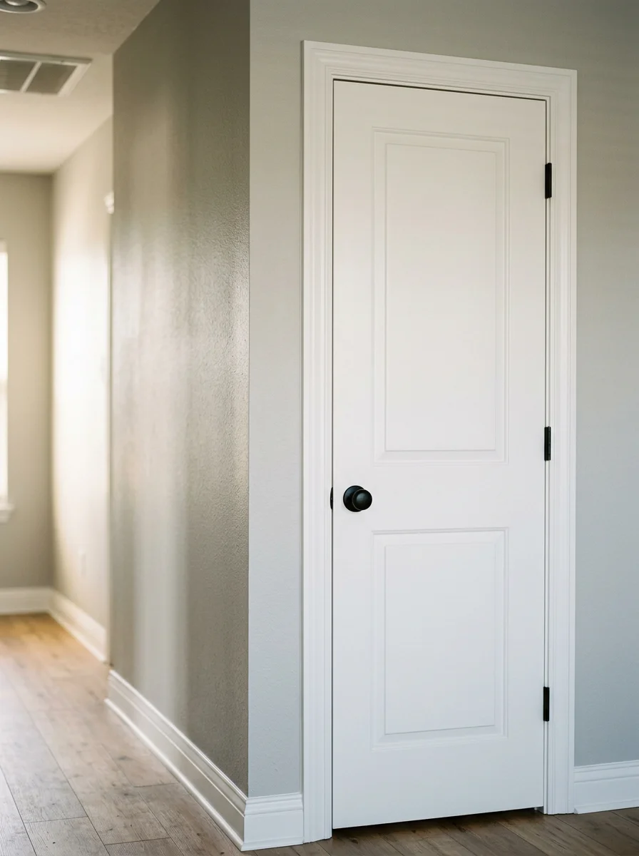 A home repair project in a 1990s McKinney home showing a freshly installed interior door with new casing trim and painted walls in a hallway.