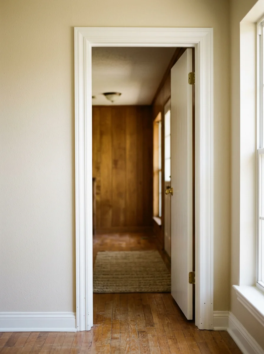 A home repair project in a 1970s Mesquite home showing new door casing trim installed around an interior doorway with fresh paint on the surrounding walls.