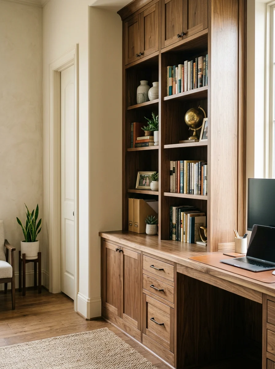 Custom built-in cabinetry in a Plano home office with floor-to-ceiling shelving, a desk surface, and a natural wood finish against light-colored walls.