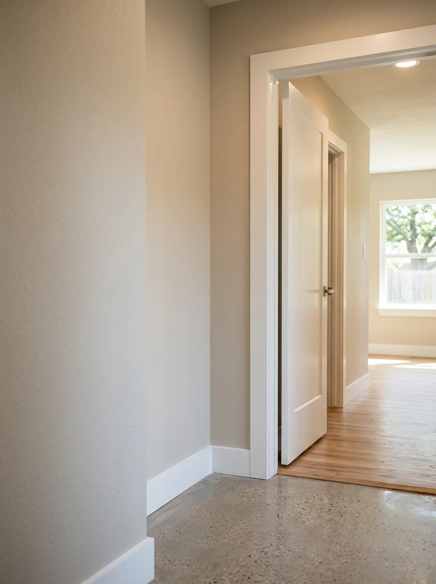 A home repair project in a 1970s Richardson ranch home showing new interior door trim and freshly painted walls with updated baseboards.