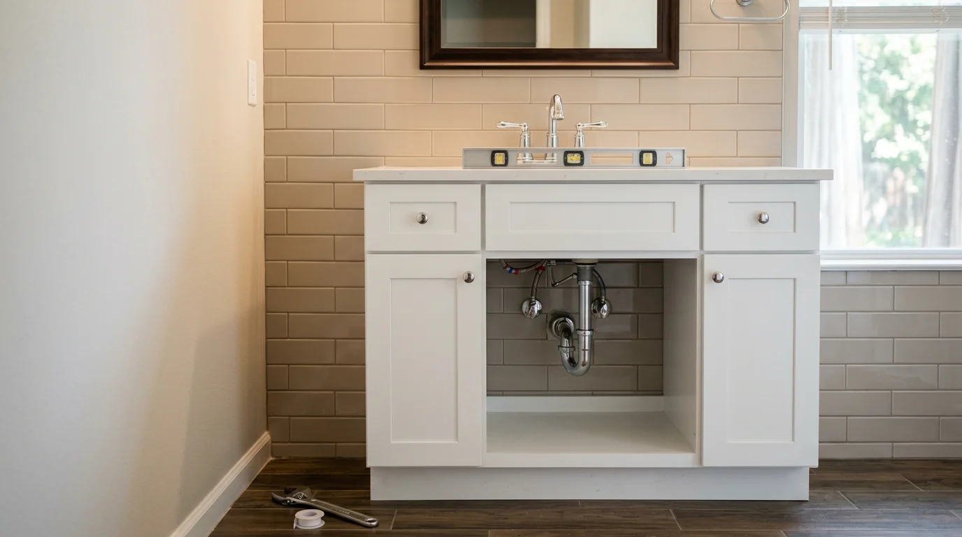 A newly installed bathroom vanity with cabinet doors and a sink basin in a Dallas-area home, showing a clean wall fit and finished drain connections. The updated vanity replaces an older unit in a residential bathroom typical of the Lake Highlands neighborhood.