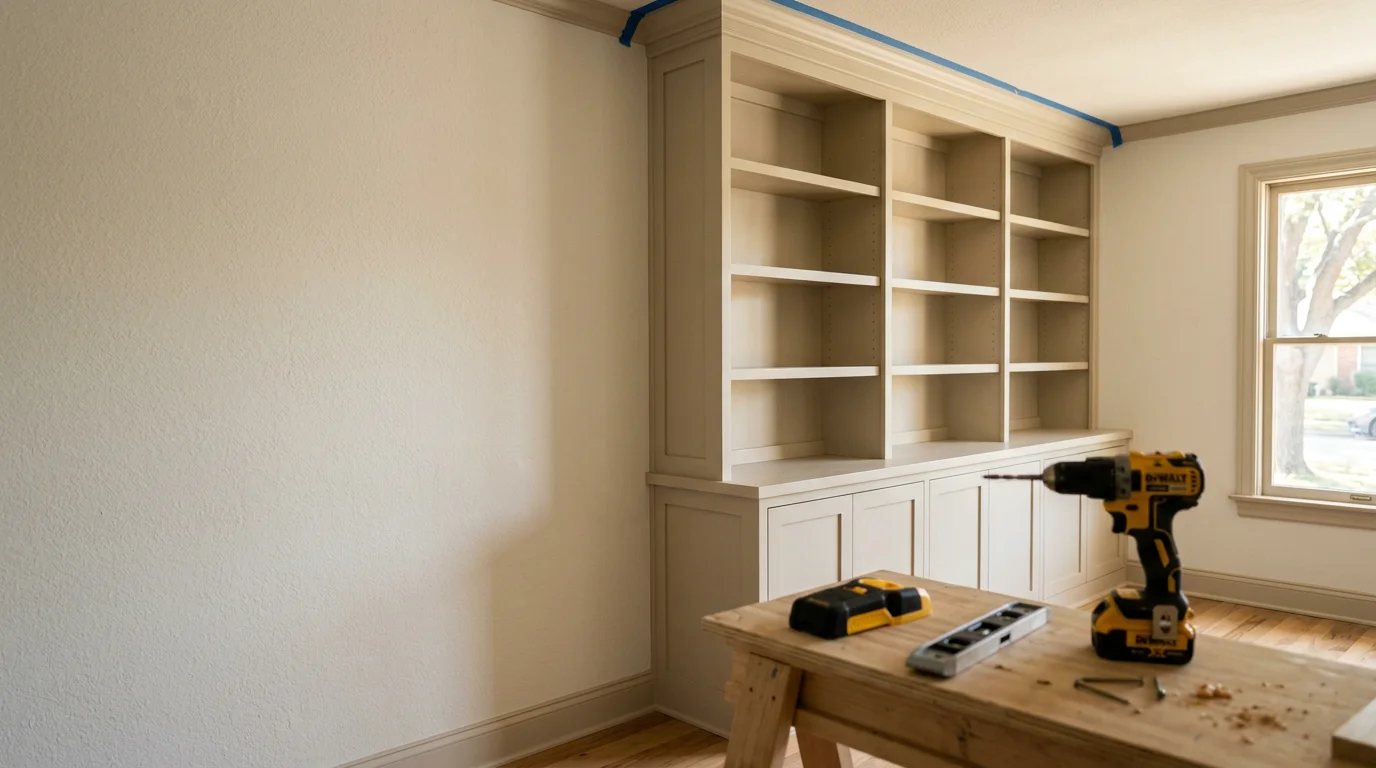 A floor-to-ceiling built-in cabinet unit installed flush against a wall in a Dallas home, with clean trim lines and even spacing between shelves. The unit is anchored to wall framing and sits level against painted drywall in a residential living room.