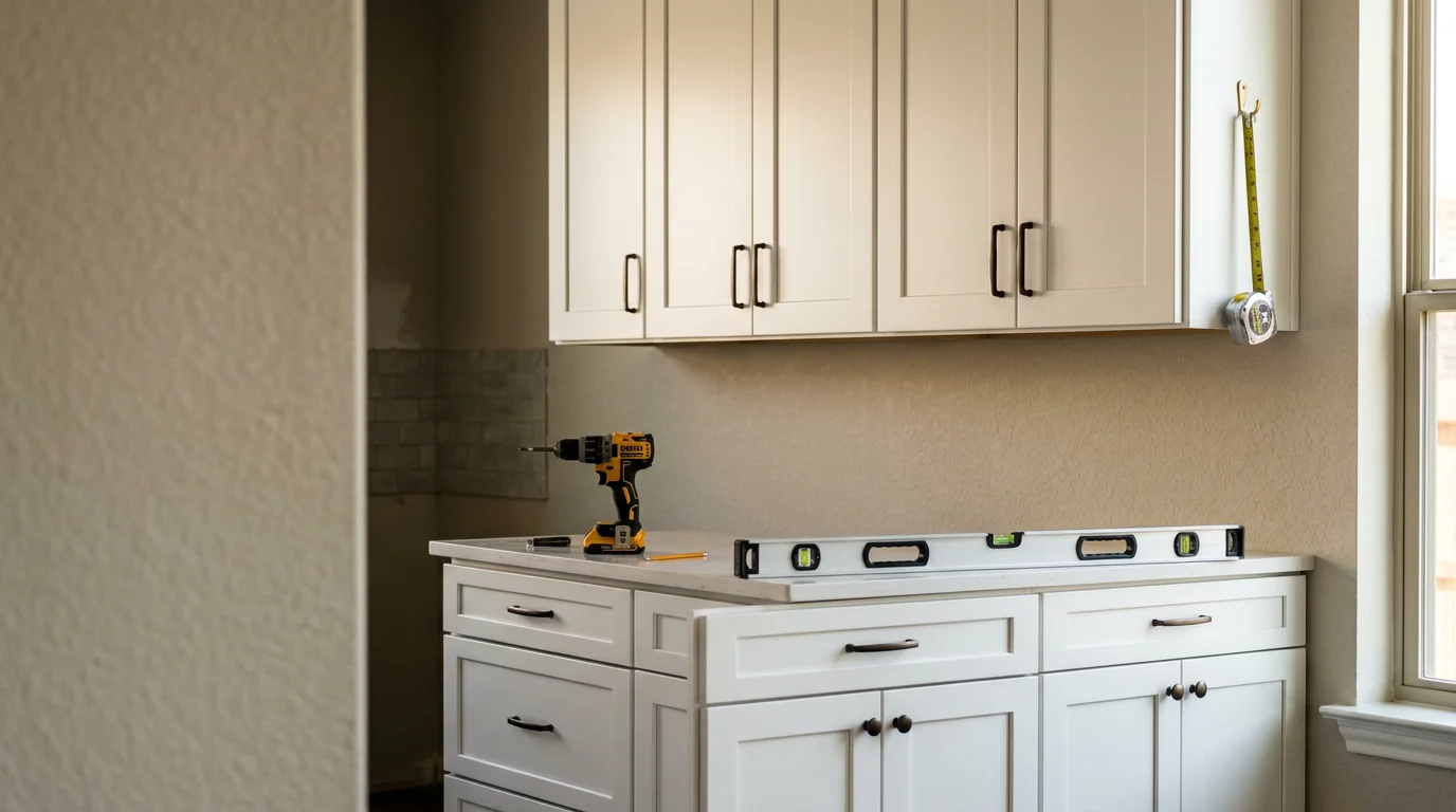 Newly installed kitchen wall and base cabinets in a Dallas-area home, with doors hung level and a clean finished appearance. The installation shows secure mounting in a residential kitchen typical of the Lake Highlands and North Dallas area.