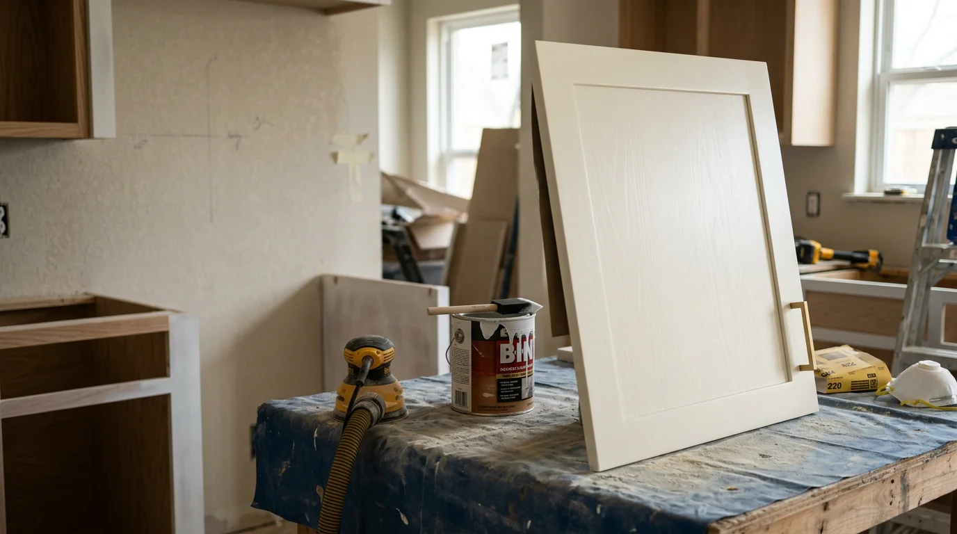 Freshly refinished kitchen cabinets in a Dallas-area home showing smooth, even paint coverage on cabinet doors and drawer fronts. The cabinet boxes and frames display a clean, updated finish consistent across the full kitchen.