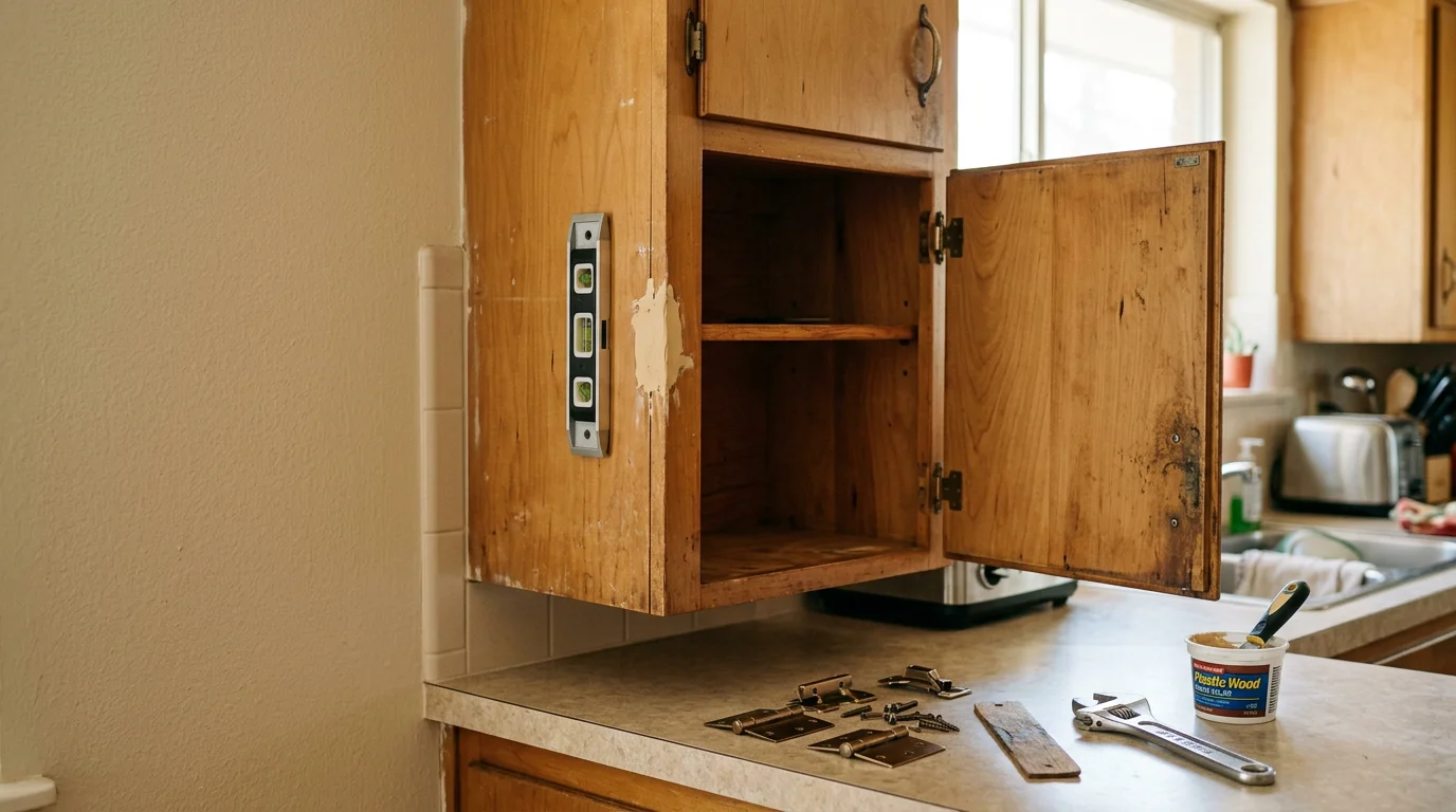 A repaired kitchen cabinet door with a realigned hinge and new hardware in a Dallas-area home. The cabinet closes flush against the frame with no visible gaps or damage.