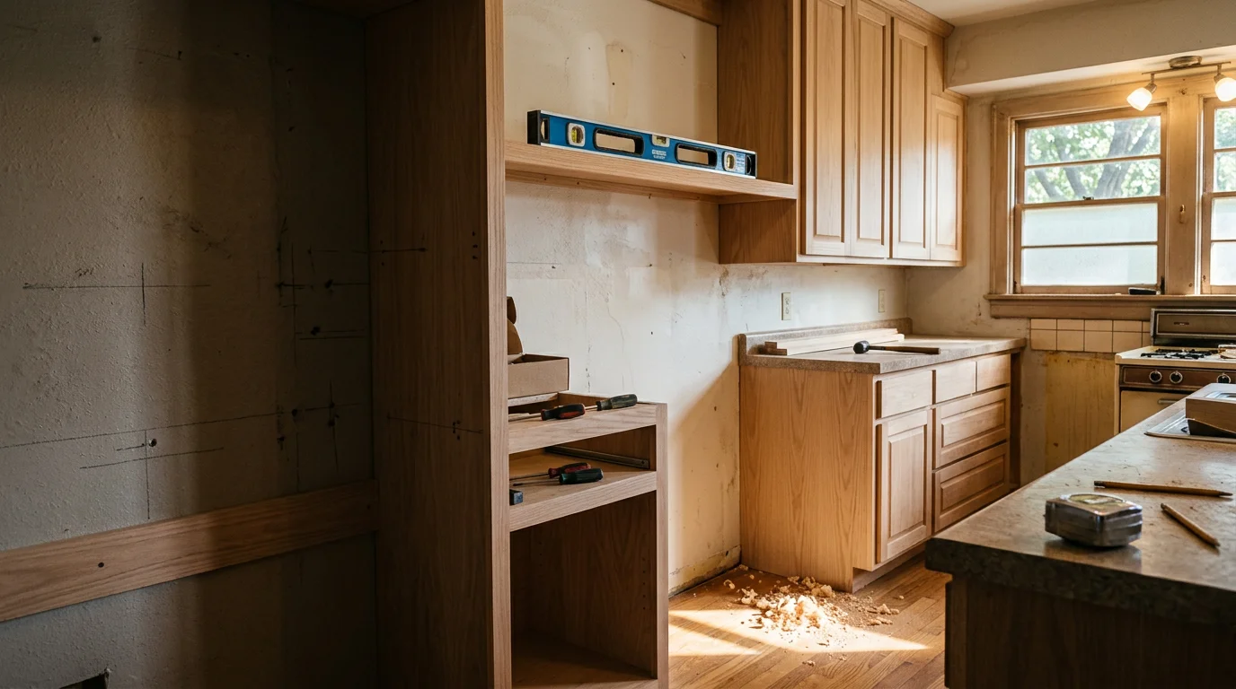 Custom wood cabinetry installed in a Dallas-area kitchen, with floor-to-ceiling cabinet runs fitted precisely to the room walls. Built-in storage with clean lines and a consistent finish, typical of residential remodeling work in the Lake Highlands and Richardson communities.