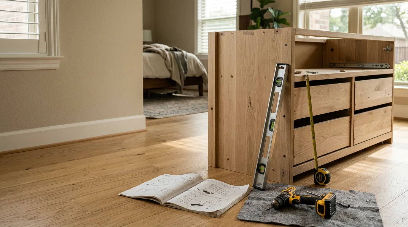 A fully assembled wooden bed frame and matching dresser set up in a tidy bedroom inside a Lake Highlands Dallas home. Tools are packed away and the furniture sits level on hardwood flooring.