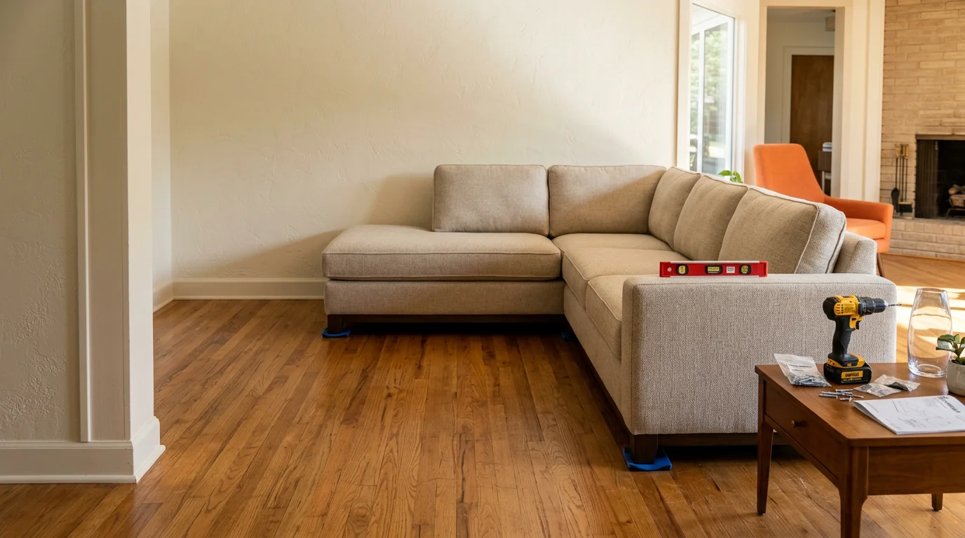 A professional handyman securing a large furniture piece in a Dallas home, with tools laid out on a protected hardwood floor. The room reflects a typical Lake Highlands residential interior with neutral walls and natural light.