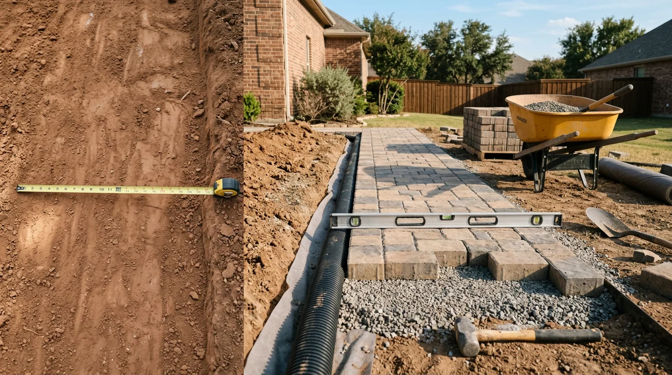 Newly installed stone walkway and retaining wall on a residential property in Dallas, Texas. The hardscape features clean edging and a level surface suited to the clay soil conditions common in the area.