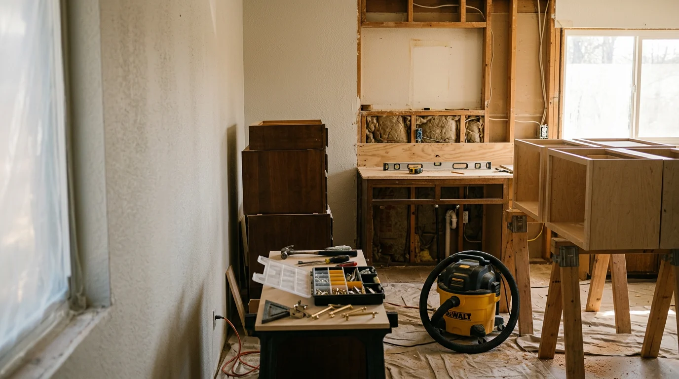 Remodeled interior of a Dallas-area home showing an updated kitchen with refreshed cabinetry and an open layout. The space reflects the kind of practical improvement AQR Residential & Commercial Services delivers across Lake Highlands and surrounding cities.
