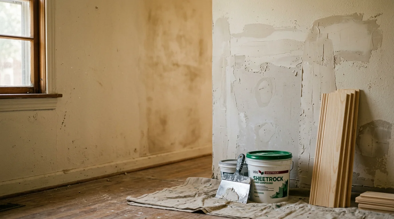 A repaired interior wall in a Dallas-area home showing smooth drywall and clean trim work. A contractor from AQR Residential and Commercial Services completes a finish repair in a Lake Highlands residential property.