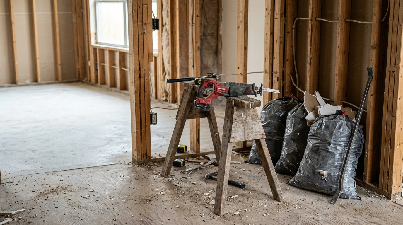 Interior demolition in progress inside a Dallas-area home, with walls stripped to the studs and flooring removed in preparation for renovation. The exterior structure remains intact while the cleared interior space awaits the next phase of work.