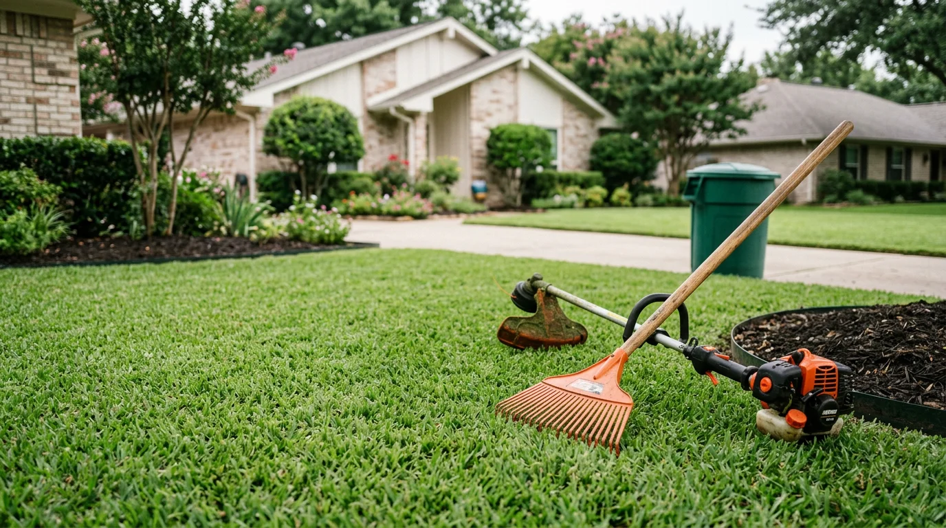 A well-maintained residential lawn in Dallas with neatly edged turf, trimmed shrubs, and clean landscape beds. The property reflects consistent landscape maintenance care typical of Lake Highlands and surrounding North Texas neighborhoods.