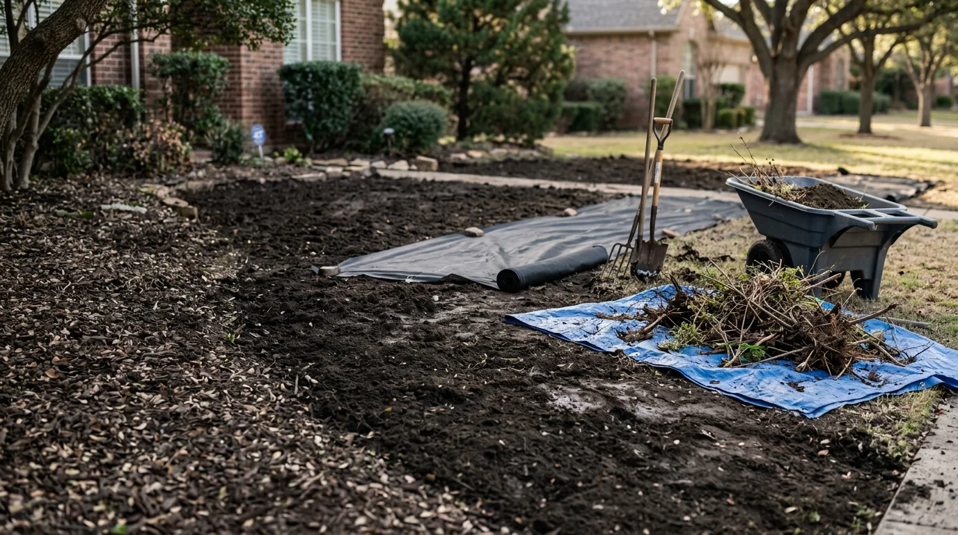 A Dallas residential front yard after a landscape reset, showing freshly cleared planting beds, shaped edges, and newly planted shrubs replacing overgrown vegetation. The property sits in a Lake Highlands neighborhood with a clean lawn border and visible soil prep work completed by AQR Residential & Commercial Services.