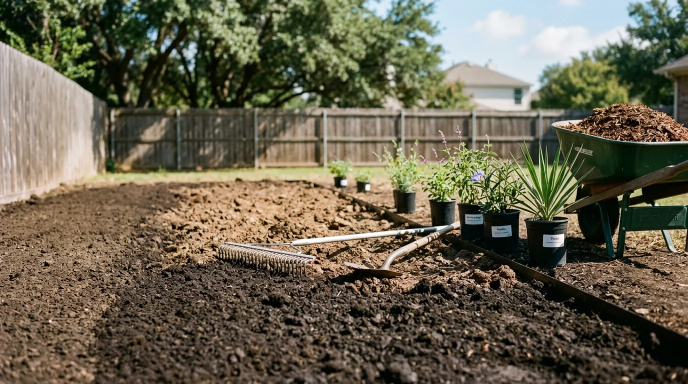 Freshly installed residential landscape beds with native plants and defined edging in front of a Dallas-area home. Prepared soil and structured planting layout visible along the property's front yard.