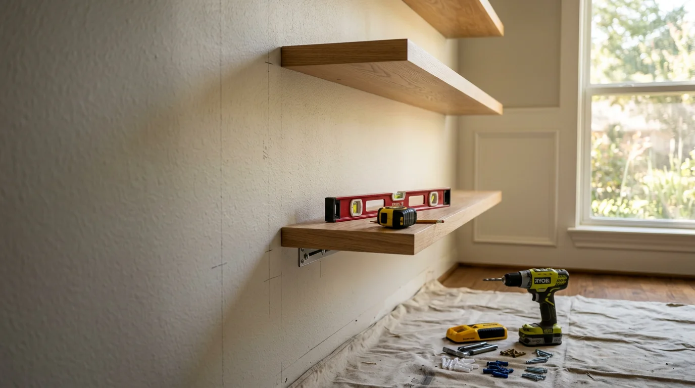 Freshly installed floating wall shelves in a Dallas-area home, mounted level on a painted drywall surface with visible stud anchoring hardware. A bracketed utility shelf sits in the background of a ranch-style home garage in the Lake Highlands area.