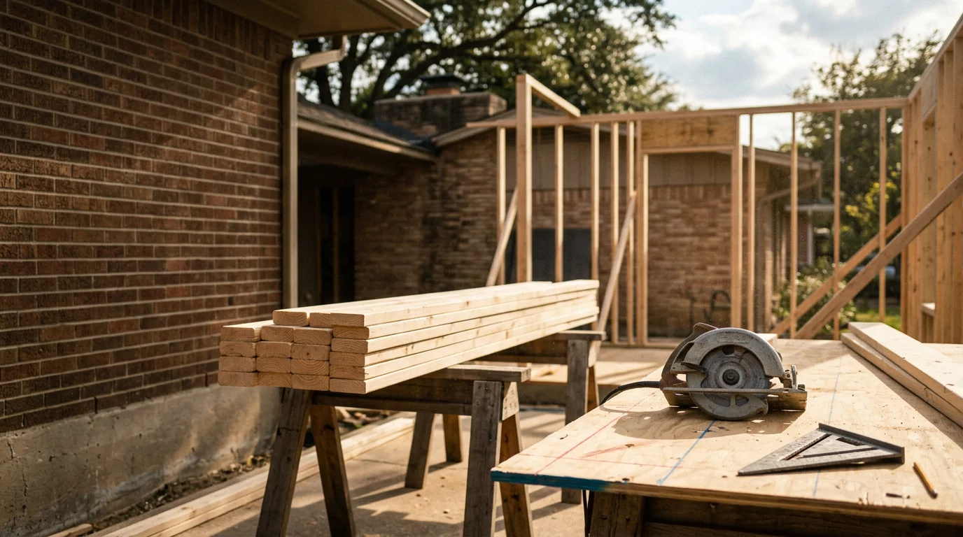 A newly framed and finished covered patio structure attached to a brick residential home in the Lake Highlands area of Dallas. The construction shows clean framing, solid post footings, and a completed roof line ready for finishing.